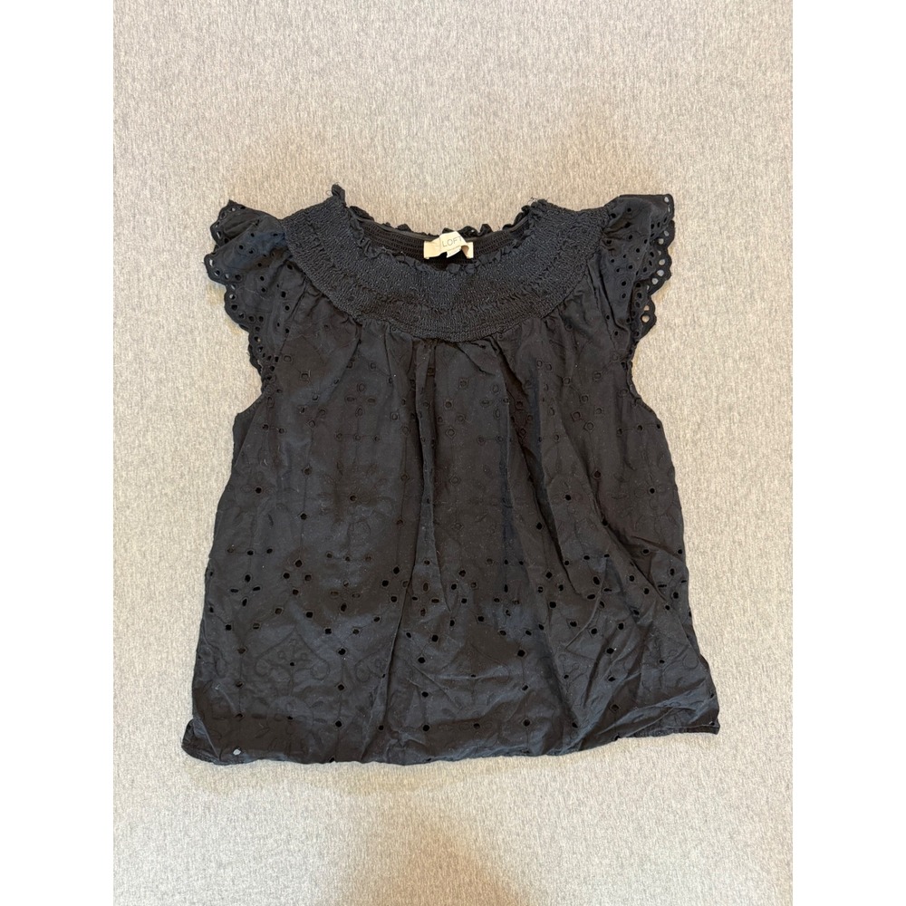 LOFT Black Eyelet Flutter Sleeve Smocked Neck Cotton Blouse Small SP22 585608